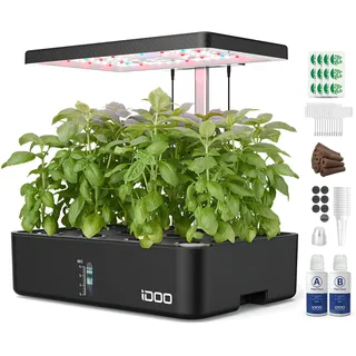 iDOO Hydroponic System, Smart Garden, Hydroponisches Anzuchtsystem,12Hülsen, mit Automatisch Timer, Smart Garden mit LED Pflanzenlampe und Ventilato, Höhenverstellbar kräutergarten Set, Schwarz