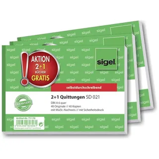 Sigel T1178 Quittungen DIN A6 quer, Anzahl der Blätter: 40 3 Stück, 2x40 Blatt, selbstdurchschreibend, mikroperforiert, Standardquittung, aus nachhaltigem Papier