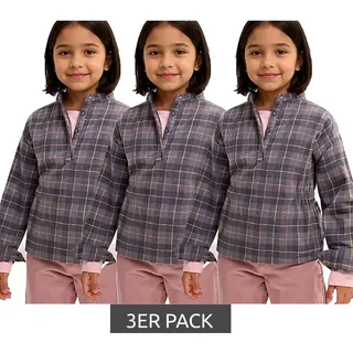3er Sparpack Kinder Flanell-Bluse für Mädchen Baumwoll-Shirt mit Raffung an der Taille mit Knopfverschluss 930775 Grau/Rosa - 152/158