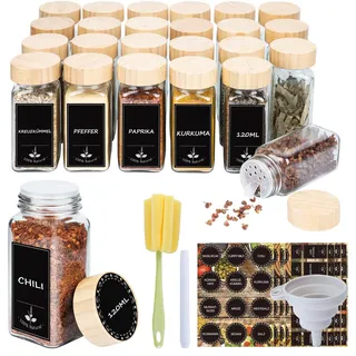 Gewürzgläser Eckig 24er Set 120ml, Gewürzdosen mit Streueinsatz, luftdichtem Schraubdeckel, Inkl. Trichter, Etiketten, Marker & Reinigungsbürste, Gewürzbehälter Glas für Küche & Schublade, HolzDeckel