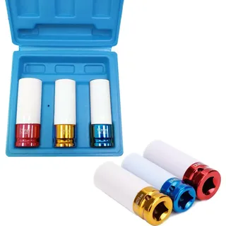 UISEBRT 3-tlg Schlagschrauber Alufelgen Steckschlüssel Satz 1/2" Nüsse Stecknuss Set 17mm/19mm/21mm Nüsse Schoneinsätze