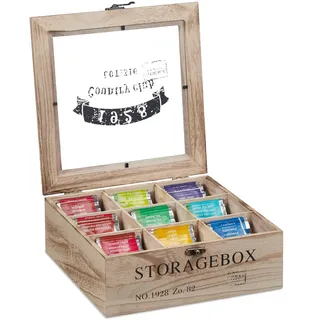 Relaxdays Teebox, 9 Fächer, Holz, Teekiste mit Sichtfenster, Teebeutel, Kaffeepads, Gewürze, HBT: 9 x 24 x 25 cm, Natur