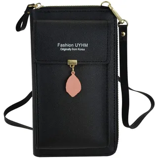 FuninCrea Handy Umhängetasche Damen mit drei Schichten, Mode Kunstleder Handytasche zum Umhängen mit Reißverschluss, Kleine Handy Umhängetasche Damen mit Metallblättern für Handy, Karte - S