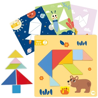 Tooky Toy Tangram TF642 Magnetpuzzle Holz geometrische Formen Vorlagen 18-teilig bunt