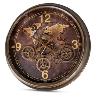 formano Wanduhr Weltkarte 60cm - Große Metall Wanddeko Uhr mit sichtbar drehenden Zahnrädern Weltkarten-Design Vintage Industrial Stil für Wohnzimmer Büro Schlafzimmer