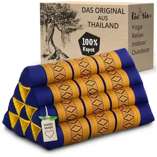 Livasia Rückenstützkissen mit Muster - 30x50x30cm - Dreieckskissen für den Garten, Keilkissen mit Kapok, vegan handgefertigt, (Blau/Gelb)