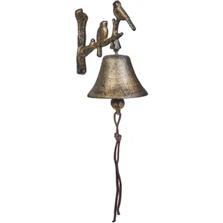 Relaxdays Türglocke Gusseisen Vögel, Gartenglocke mit Kordel, Hxbxt: 20 x 10 x 13 cm, Wandglocke, Vintage-optik, Bronze