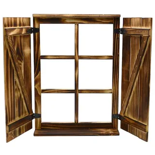 UNUS HOME Wanddekoobjekt Deko-Fenster Sprossenfenster mit Fensterläden (63x4x45cm), Holz geflammt, Holzfensterrahmen, Dekofensterrahmen, Dekofenster braun