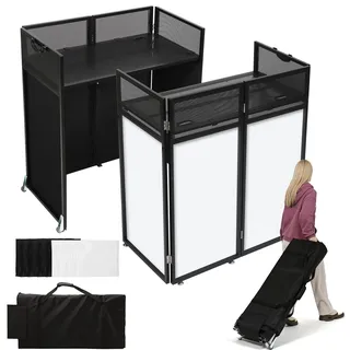 SMONTER Tragbarer DJ-Tisch mit Rollen, 108 cm × 53 cm DJ-Pult Ständer mit verstellbaren Füßen, zwei farbige Scrims & Tragetasche, klappbare DJ-Fassade für Hochzeiten, Partys, mobile DJs