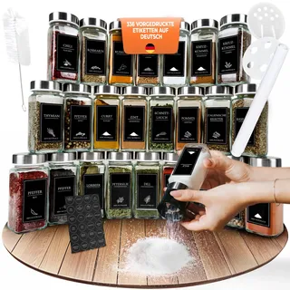 comforder Gewürzgläser Set (24 Stück), Gewürz Organizer mit Gewürzstreuer mit Etiketten. 2× Mahlaufsätze + Trichter, Gewürzdosen eckig mit Deckel, 120ml (Metall)