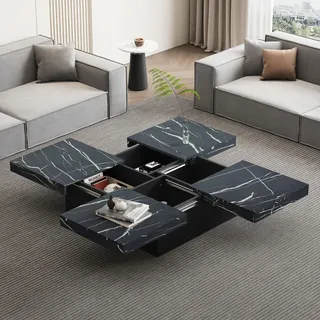 Merax Couchtisch quadratisch in Marmor-Optik, Satztisch 90x90cm mit 4 Schubladen und schiebbarer Deckel, modern, Stauraum, Spanplatte Schwarz/Weiß - Schwarz