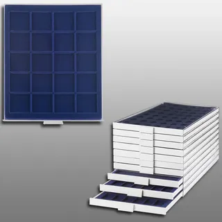 Münzbox grau 20 eckige Fächer für Münzen oder Medaillen bis 47 mm Blaue Einlage