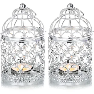 Nuptio 2 Stück Dekorative Kerzenlaternen Vogelkäfig Metall Silber Aushöhlen Dekorative Vogelkäfig Eisen Kerzenhalter Hängende Laterne Teelichthalter Kerzenständer Vintage Weihnachten Deko