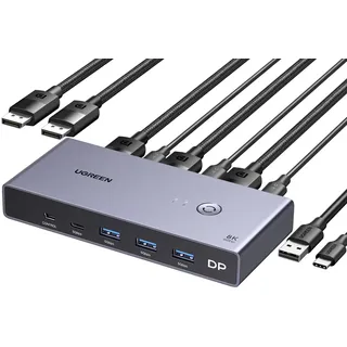 UGREEN Displayport KVM Switch 8K@60Hz, DP 1.4 mit 4 USB 3.0 Ports Unterstützt 8K@60Hz 4K@240Hz Share 1 Monitor Tastatur Maus U-Disk Drucker, mit 2 DP Kabeln, 2 USB A zu C Kabeln