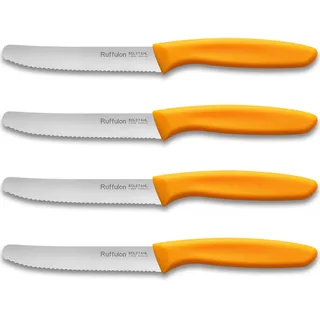 Ruffulon Tomatenmesser Set 4 Stück,Frühstücksmesser mit Wellenschliff,Messer Scharf,Brotmesser Klein,Orange Messer Küche Set,Rostfreier Stahl Buttermesser,Kunststoffgriff Tafelmesser