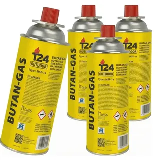 T24 Gaskartuschen 227g (MSF-1a) – 4 Stück Butan Gaskartuschen für Campingkocher, Gasheizung & Unkrautbrenner – Ventilkartusche Typ EN 417 – Universaldruckgasdose