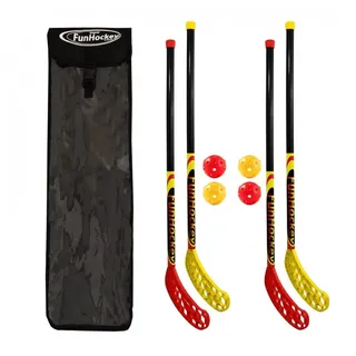 Bandito FunHockey Schlägerset 4 Schläger, 1 Tasche für Kinder, Floorball für Garten, Floorball Stick, Streethockey Outdoor, Linkshänder, Rechtshänder, Bälle, 4 Bälle und