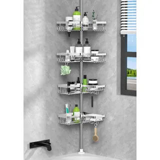 Kegii Duschablage, Teleskop Duschregal ohne Bohren, Eckregal Teleskopregal Badezimmer Organizer Edelstahl, Höhenverstellbar für Duschecken Silber