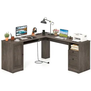 Costway Eckschreibtisch, Computertisch mit Ladestation, Schrank, 2 Schubladen grau