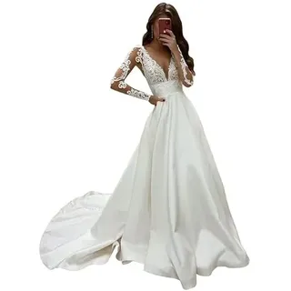 BLPOTA Satin Lang a Linie Spitzen V-Ausschnitt Brautkleid Langarm Braut Standesamtkleid, Weiß, 38