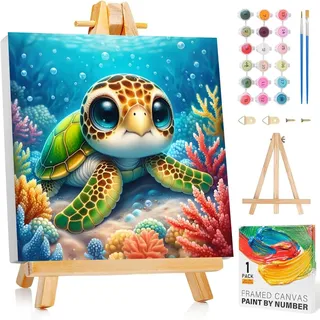 Malen Nach Zahlen Kinder ab 5 6 7 8 9 mit Rahmen, Meeresschildkröte 20x20cm | Malen Nach Zahlen ab 5 6 7 8 9 10 Jahre Mädchen mit Holzstaffelei, Diy Paint by Numbers Tiere für Anfänger für Home Décor