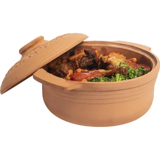 BROWIN Tonbräter Bräter aus Naturton Oval 4 Liter | Tonbräter Dampfgarer | Römischer Tonofen | Auflaufform für fettfreies Kochen und zum Backen von Brot und Kuchen | Brätertopf (4 Liter Oval)