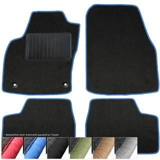 moto-MOLTICO Fußmatten Auto - Velours Autoteppiche | passend für Toyota Aygo I (2005-2014) - 4-teiliges Set - Schwarze Automatten mit Blauen Ziernähten
