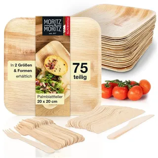 Moritz & Moritz Einweggeschirr-Set 75tlg Palmblattgeschirr Eckig 20cm mit Besteck (25-tlg), 25 Personen, Palmblatt, Birkenholz, 25x25cm beige