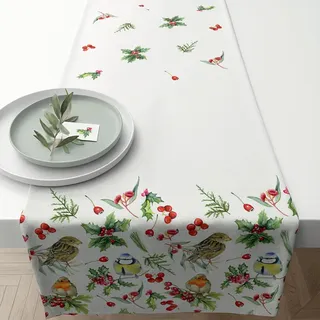 Ambiente Tischläufer Dekodecke Läufer 150x40 cm 100% Baumwolle Vögel im Winter Advent Weihnachten Tischdekoration