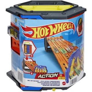 Hot Wheels HGK41 - Rollout Raceway Trackset, lässt Sich zu Einer fünfspurigen Rennstrecke ausrollen, Aufbewahrungsbehälter, Spielzeug Autorennbahn für Kinder ab 4 Jahren