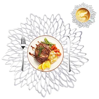 MI CASA Platzsets Abwaschbar 4er Set - inkl. 4 Untersetzer, Ausgehöhlte Tischsets Platzsets Silber Rund, 38cm Platzdeckchen Placemat Platzteller Tischdekoration für Hochzeit Weihnachten Esstisch