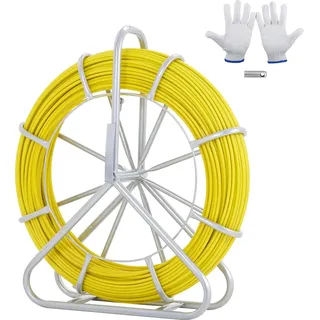 Vevor Fiberglas Kabel Rad Ø7,9mm x 150m Glasfaserstab inkl. Stahlhaspel Handschuhe Bremsgriff Metall-Zugköpfe Fischband -40°C bis +80°C Einziehhilfe Einziehband Einziehspirale