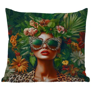 MuchoWow Dekokissen Frau - Pantherdruck - Dschungel - Natur - Luxus, Kissenhülle für den Außenbereich, Outdoor, Kissen, 50x50 cm grün Quadratisch | 50 cm x 15 cm x 50 cm