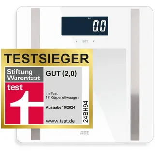 ADE Körper-Analyse-Waage Digitale Körperfettwaage "Ines" bis 200 kg, präzise Körperwaage, Testsieger Stiftung Warentest Ausgabe 10/2024 weiß