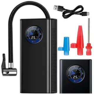 KRUMAD Luftpumpe Fahrrad, Fahrradpumpe, Mini Kompressor Auto, Pumpe | Kabellose, mit Manometer, USB, Akku, Wiederaufladbare, Netzadapter 230V, 12V Kfz-Stecker, Schwarz, ABS-Material