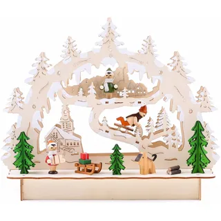 Brubaker LED Lichterbogen Schwibbogen Winterlandschaft mit Kirche, 9 LEDs, Netz- oder Batterie, Holz natur - x 24,5 cm