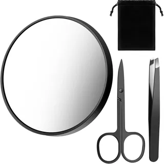 BBTO 20 Fach Vergrößerungsspiegel Pinzetten Schere Kit 20x Schminkspiegel mit Saugnäpfen Reise Kompaktspiegel mit Augenbraue Scheren Zupfpinzette für Damen Herren Make Up, 8,8 cm, Schwarz