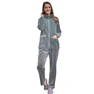RAIKOU Hausanzug Hausanzüg Nicki Hausanzug Trainingsanzug Freizeitanzug (mit Reißverschluss und Satinband) mit Kontraspaspel-Details grau 40/42