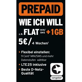 Congstar Congstar Prepaid "wie ich will" 202 - Flexible Tarife. Prepaidkarte, (Flexible Prepaid-Tarife) blau
