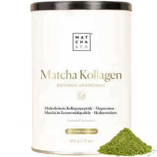 Kollagen mit Magnesium, Matcha-Tee und Hyaluronsäure. Gelenke, Haut und Nägel. 300 g Matcha-Kollagenpulver. Glutenfrei, ohne Zuckerzusatz und frei von GVO. Vanille-Geschmack