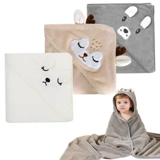 Feegela Kapuzenhandtuch Baby, Packung von 3 Babyhandtuch mit Kapuze, 80 x 80 cm, Baby Handtuch Kapuze, Weiche Tiermuster Handtücher, Korallenplüsch Handtücher, (Weiß, Grau, Kaffee)