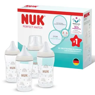 NUK Perfect Match Babyflaschen | 3+ Monate | 260 ml | Anti-Kolik-Babyflasche | PP | Temperature Control Anzeige | Regenbogen | 4 Stück