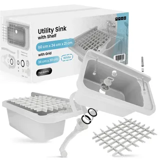Universal-Ausgussbecken Weiß 65 x 34 x 21 cm Waschbecken mit Ablage Spülbecken mit einem Gitter 36 x 30 cm Waschtrog für Garage Außen Innen Untergeschoss Werkstatt und Waschküche