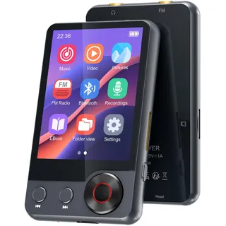 128GB MP3-Player mit Bluetooth 5.3, 2,4 Zoll tragbarer Voll-Touchscreen-Musikplayer mit Lautsprecher, MP3 Player mit UKW-Radio, Sprachaufzeichnung, Kopfhörer (Schwarz)
