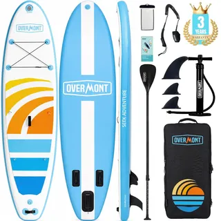 Overmont SUP Board Aufblasbar Stand Up Paddle Board für Erwachsene 323x84x15 cm, Komplettes SUP Set mit Verstellbarem Paddel, Pumpe, Rucksack, Leash & 3 Finnen