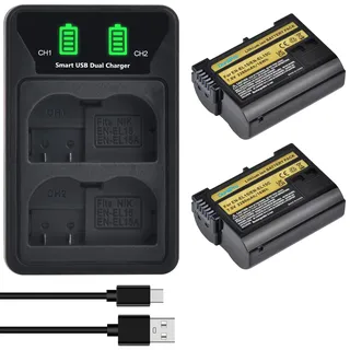 DuraPro 2X 2280mAh EN-EL15C EN-EL15 Battery Akkus + LED USB Dual Charger with Type C Port for Nikon EN-EL15a EN-EL15b Z6 II Z7 II Z5 Z6 Z7 D500 D600 D750 D800 D810 D850