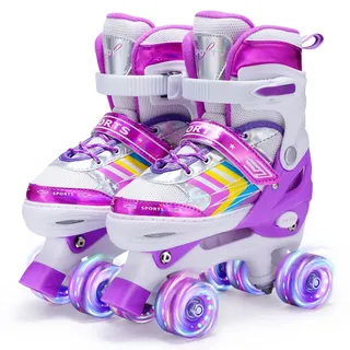 Kinder Rollschuhe für Mädchen Jungen Verstellbare, 8 Light Up Räder Quad Skates für Mädchen Jungen Kleinkind Anfänger Innen und Outdoor (Violett, M (EU32-36))