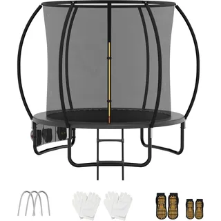 VFU Trampolin Outdoor Ø 222/305/366/427 cm, Kindertrampolin Gartentrampolin mit Sicherheitsnetz, Schuhtasche und Leiter, Runde Trampoline für Kinder mit Randabdeckung, Schwarz