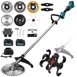 XERSEK Akku-Motorhacke 2in1 Bodenhacke & Rasentrimmer, Gartenfräse Bodenfräse Freischneider, 19 Zubehörteile inkl.2-4,0Ah-Akku, Bürstenloser Motor, Schmiernippel, Abnehmbare Multifunktionale Bodenhacke, Kompatibel mit Makita Akku
