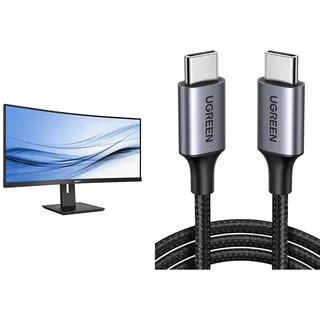 Philips 346B1C - 34 Zoll WQHD Curved USB-C Docking Monitor & UGREEN USB C auf USB C Kabel 60W PD 3.0, PPS USB-C Ladekabel